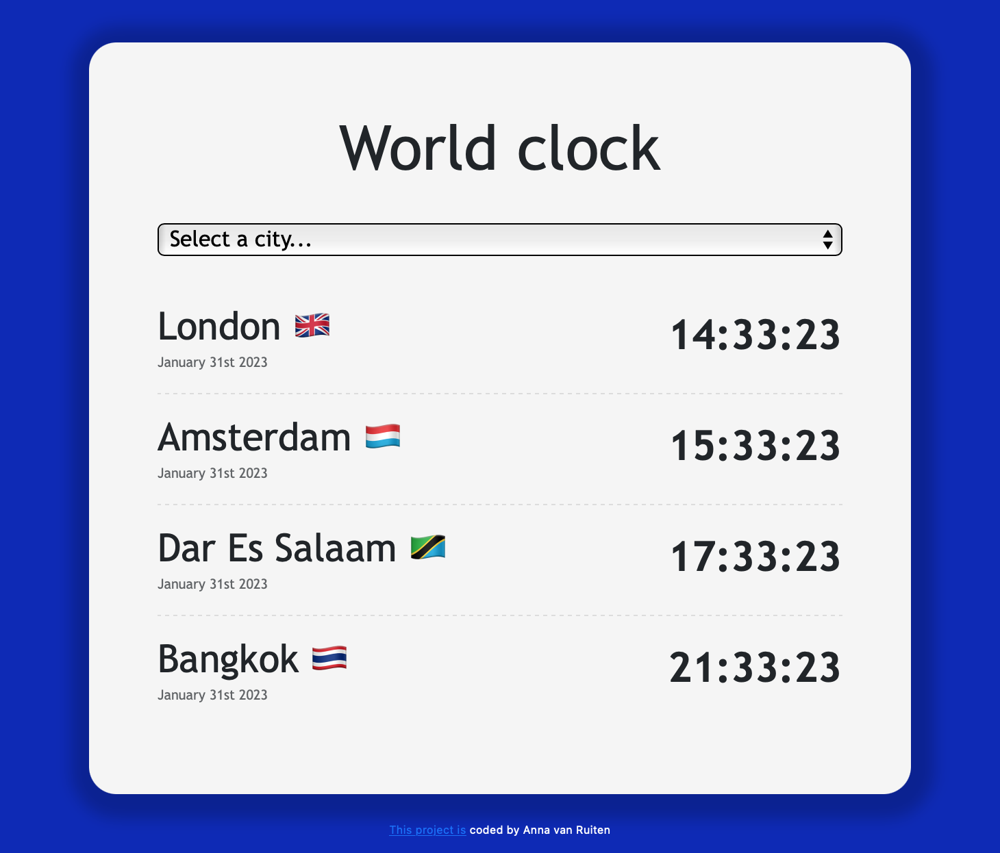 An app showing the times in different cities in the world.